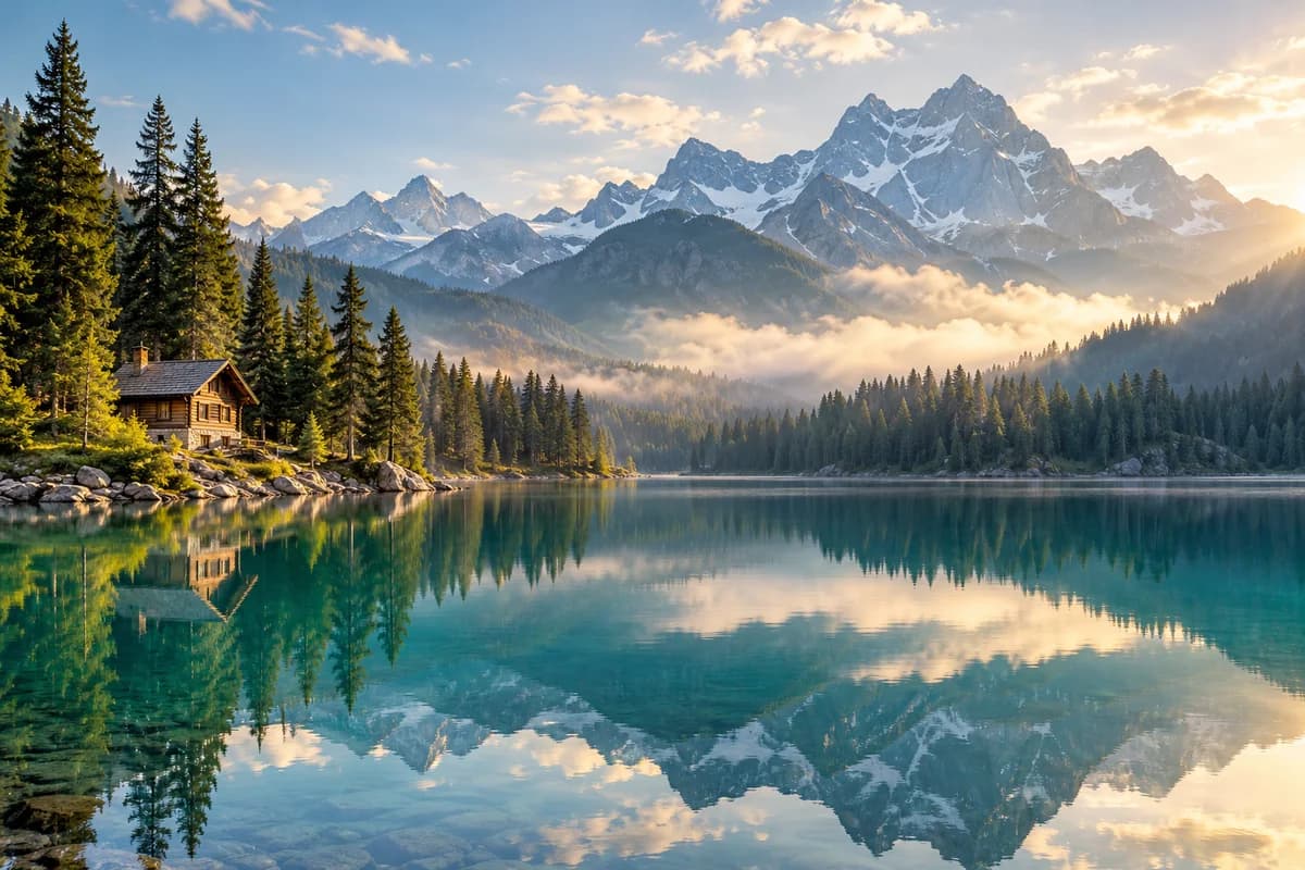 Generated sample photo of a lake and mountain cabin